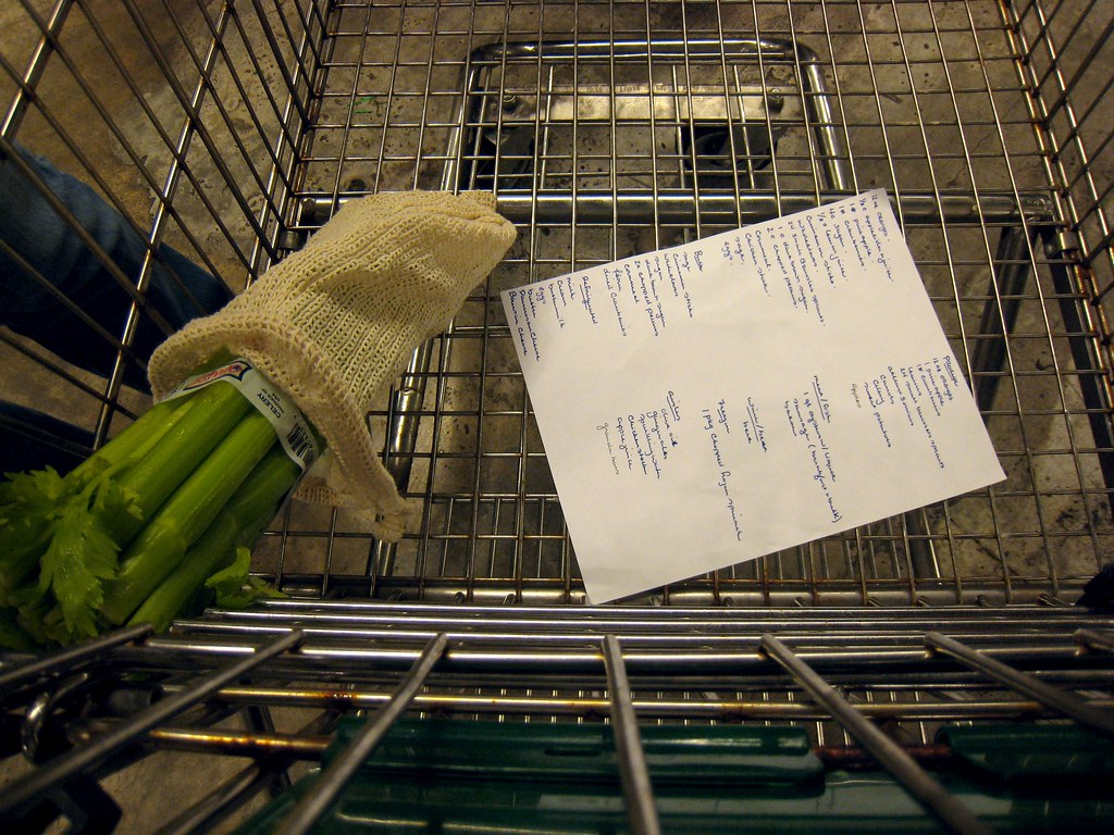 Lista de compras ao lado de uma calculadora