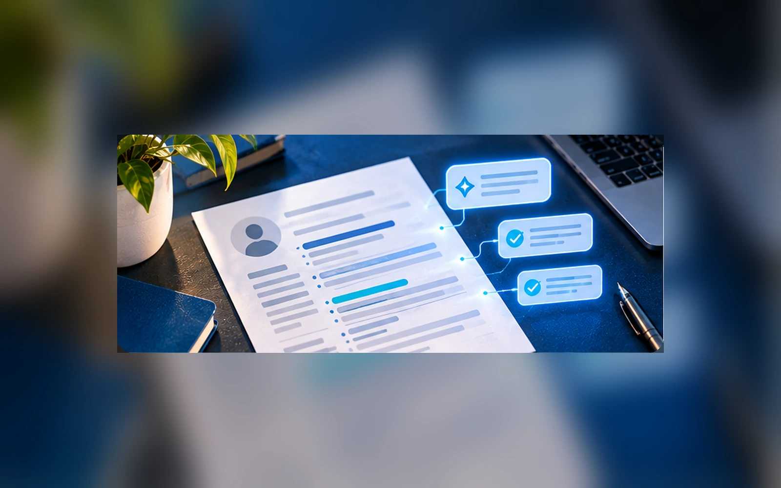 Currículo anonimizado com marcações de revisão e cartões de conferência ao lado de um computador.