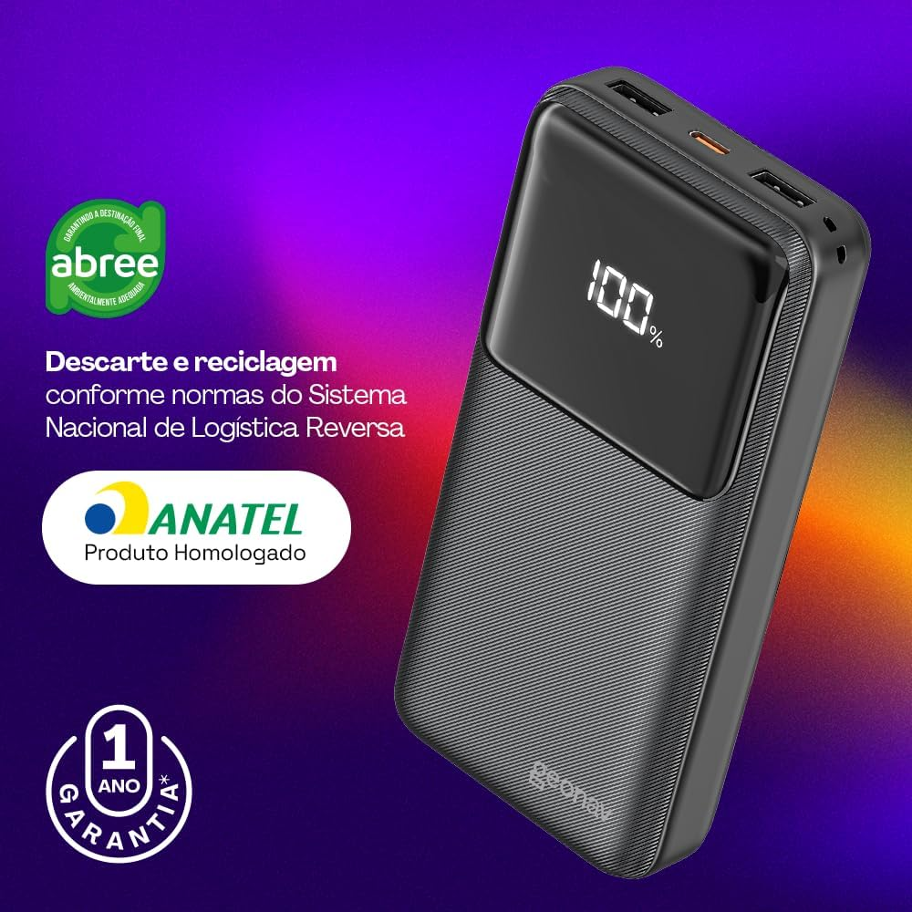 Material promocional do Geonav Power Bank sobre Anatel, garantia e logística reversa.