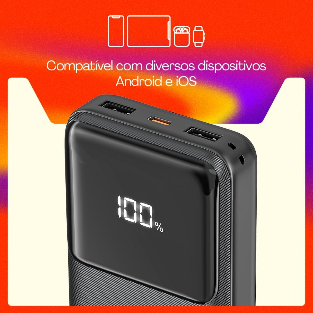 Material promocional do Geonav Power Bank sobre compatibilidade com dispositivos Android e iOS.