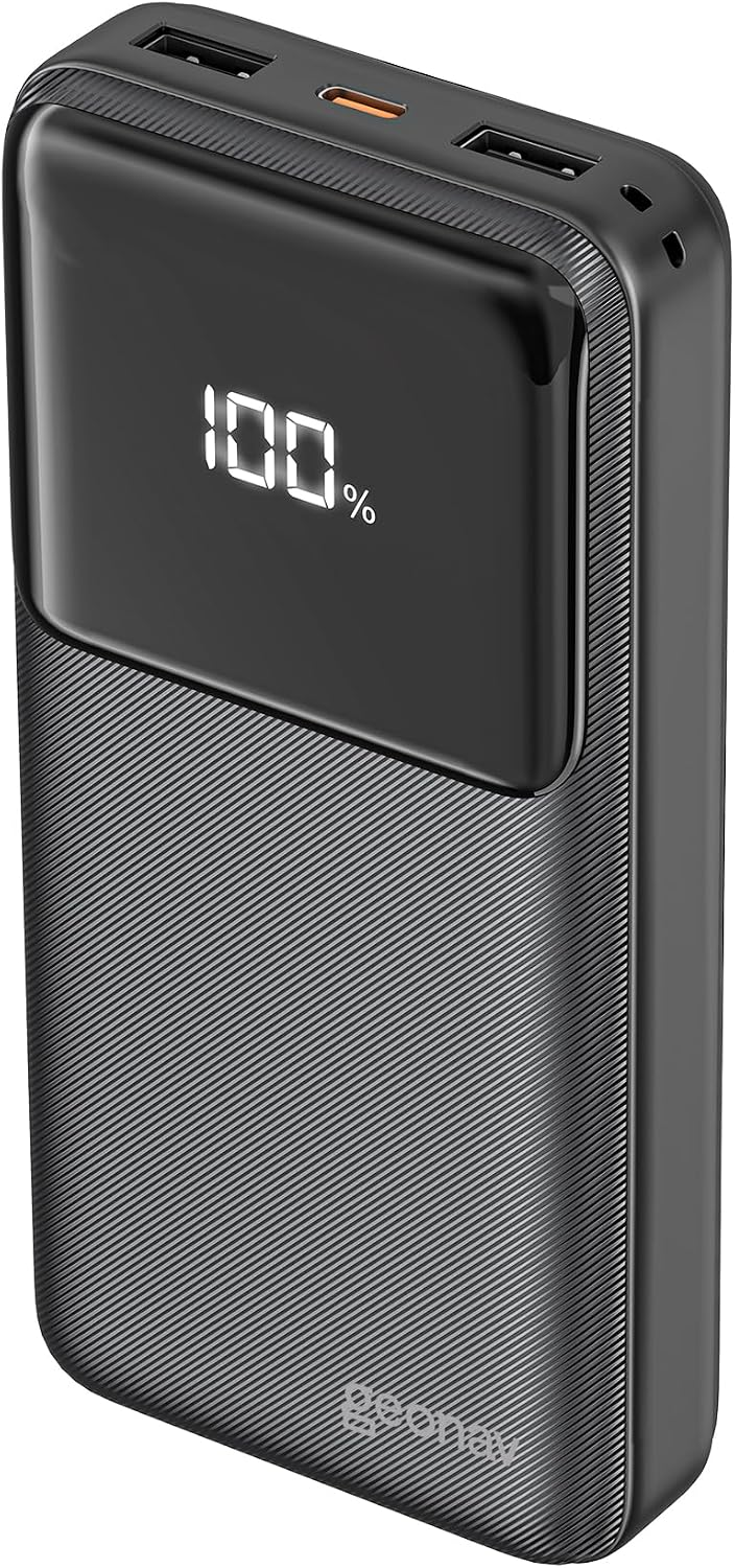 Geonav Power Bank PB20K20W1PBK preto visto de frente, com indicador digital.