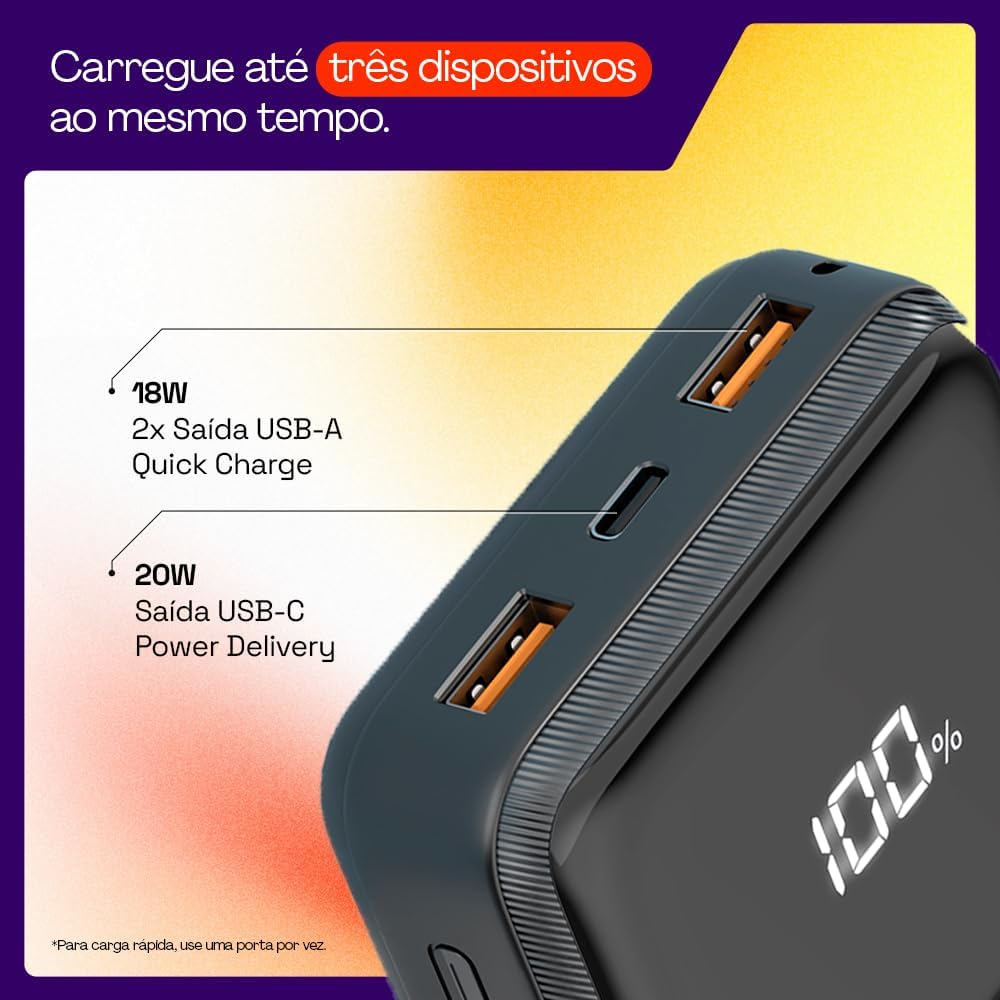 Material do Geonav Power Bank mostrando duas portas USB-A e uma USB-C.