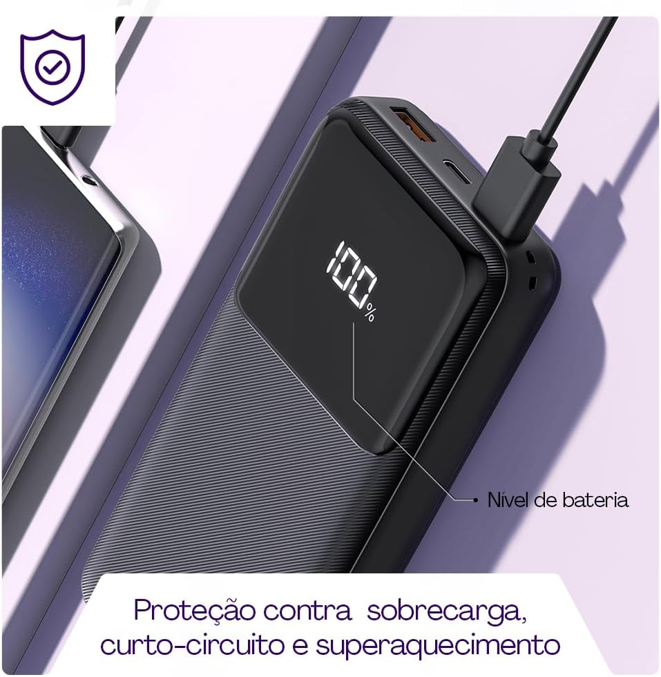 Material promocional do Geonav Power Bank com proteções anunciadas.
